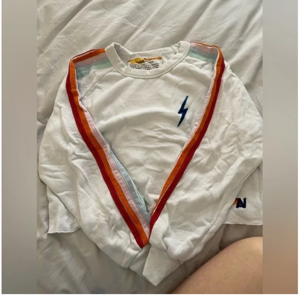 Aviator Nation White Sweatshirt with Rainbow Stripes